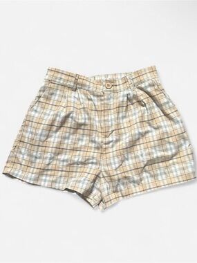 Full Tilt Plaid High-Rise Shorts in Beige and Light Blue